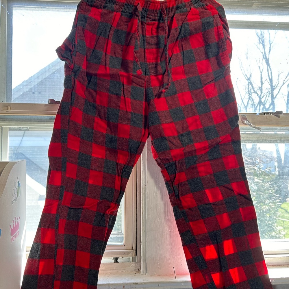 Red comfortable plaid sweatpants.
